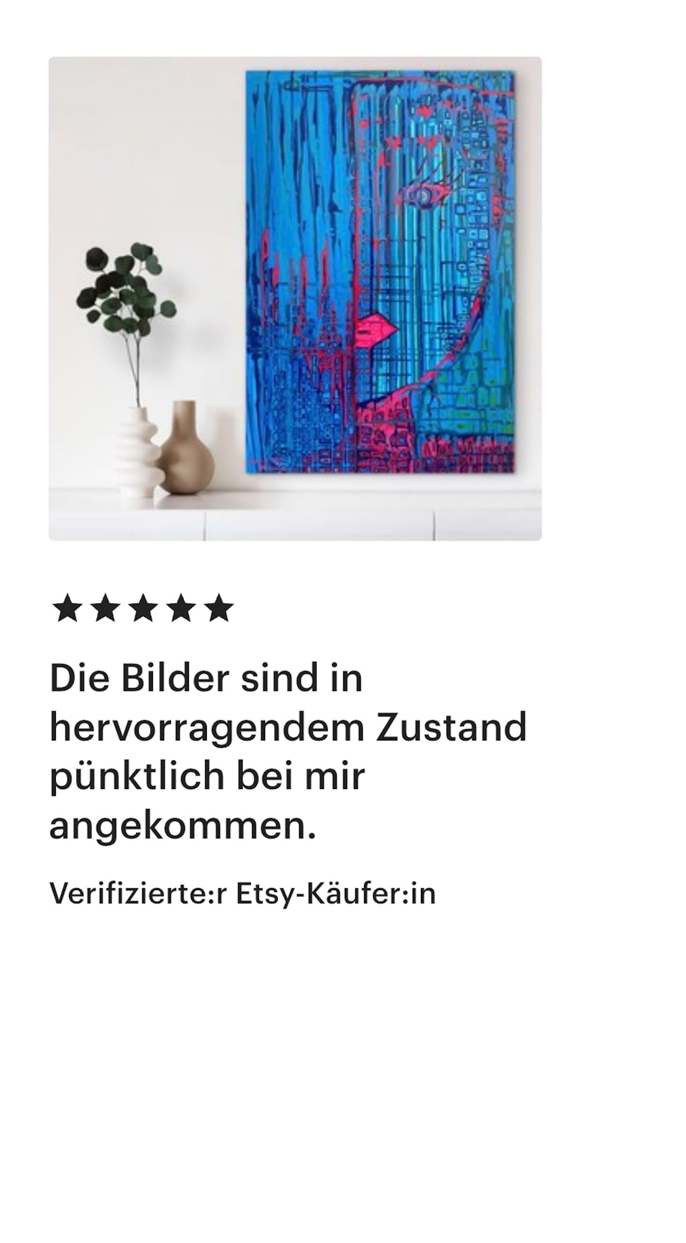 5-Sterne-Etsy-Bewertung für ein abstraktes Kunstwerk von Maria Hennig (MarHeni). Kundin oder Kunde bestätigt die pünktliche Lieferung und den hervorragenden Zustand des Kunstwerks.